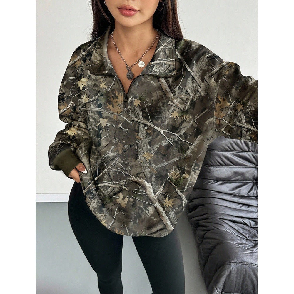Oversized Woodland Camo Half Zip Pullover Sweatshirt