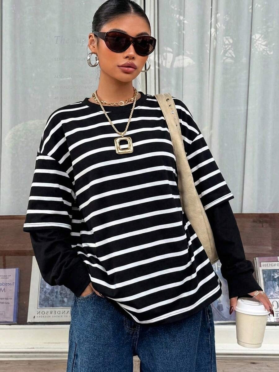 Striped Layered Look Long Sleeve Top Relaxed Fit Casual Tee