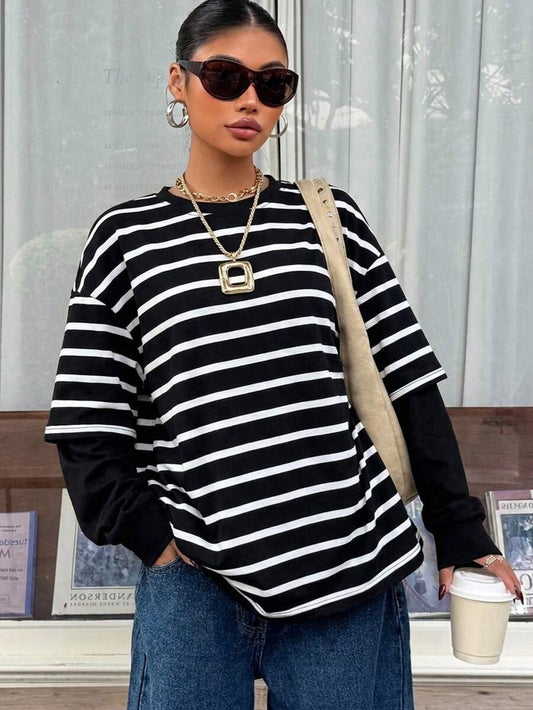 Striped Layered Look Long Sleeve Top Relaxed Fit Casual Tee