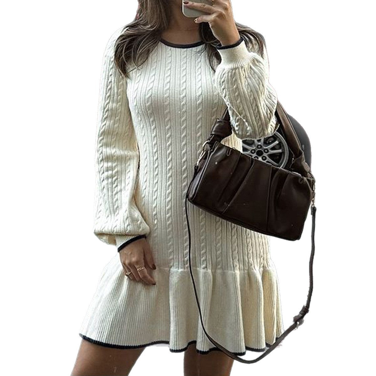 Women's Long Sleeve Cable Knit Ruffle Mini Sweater Dress