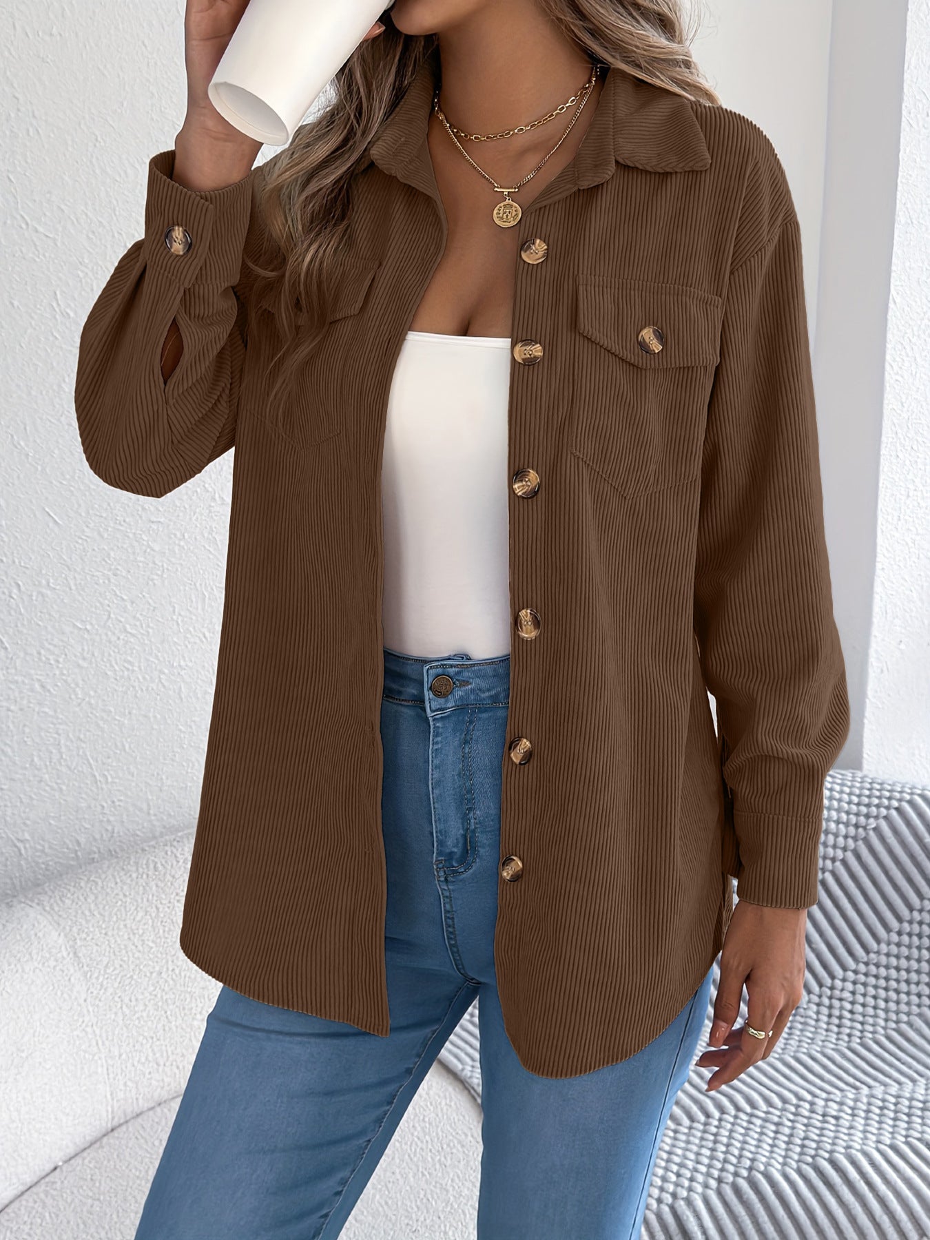 Corduroy Shacket Button Front Relaxed Fit