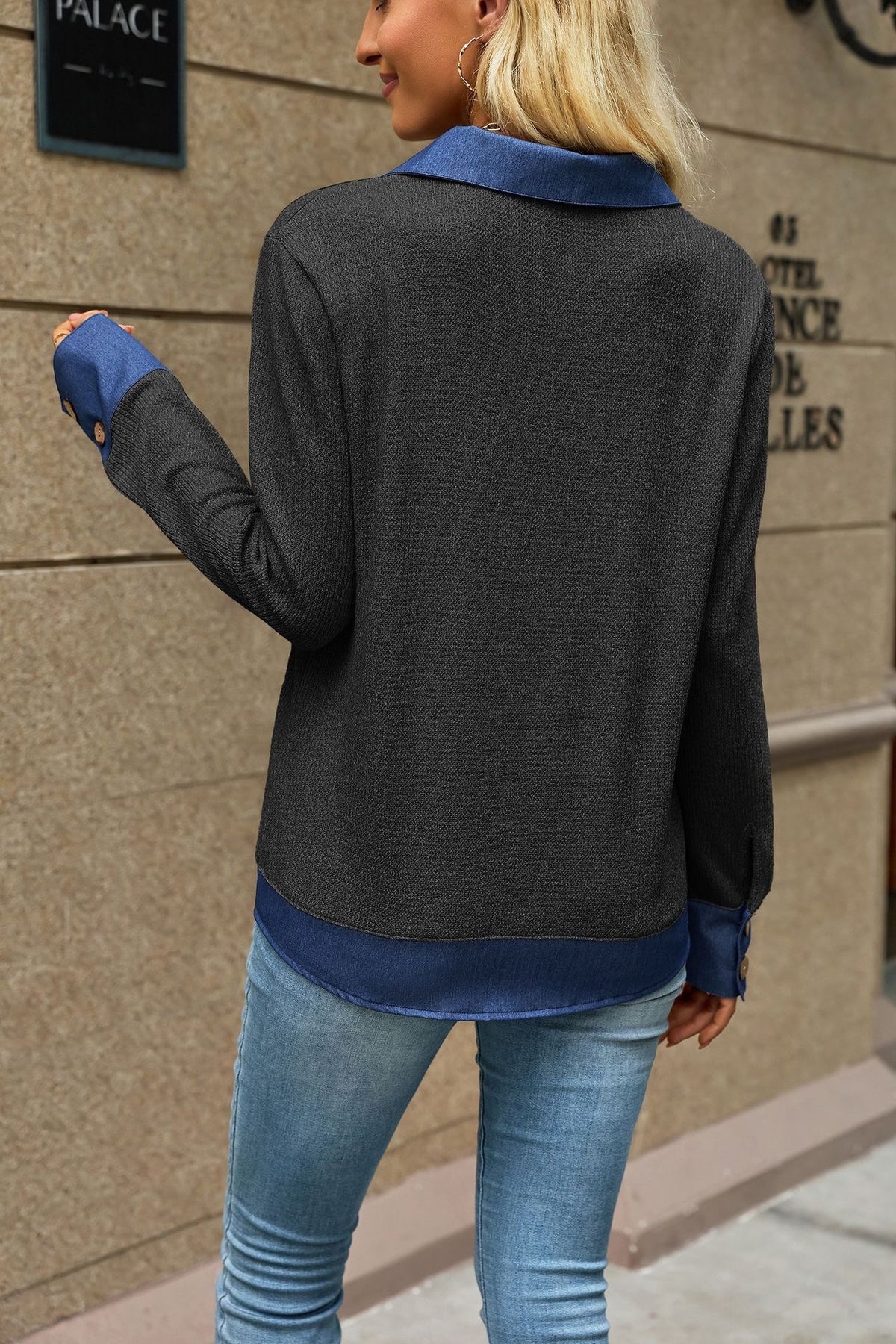 Women's Color Block Denim Collar Pullover Sweatshirt