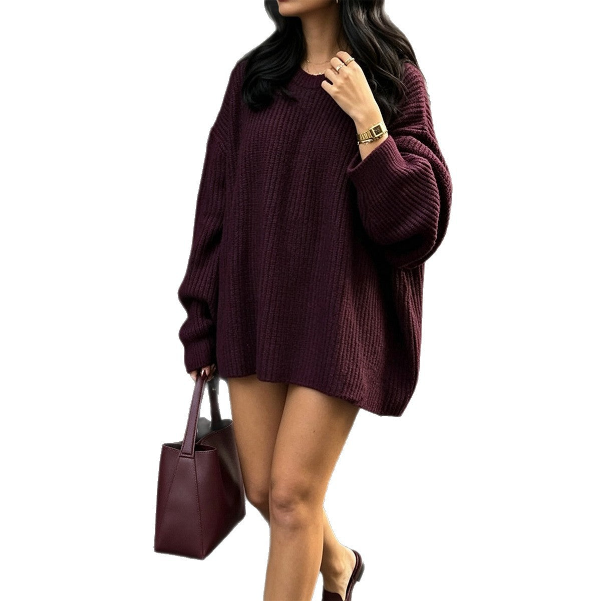 Oversized Chunky Ribbed Sweater Dress Burgundy Mini