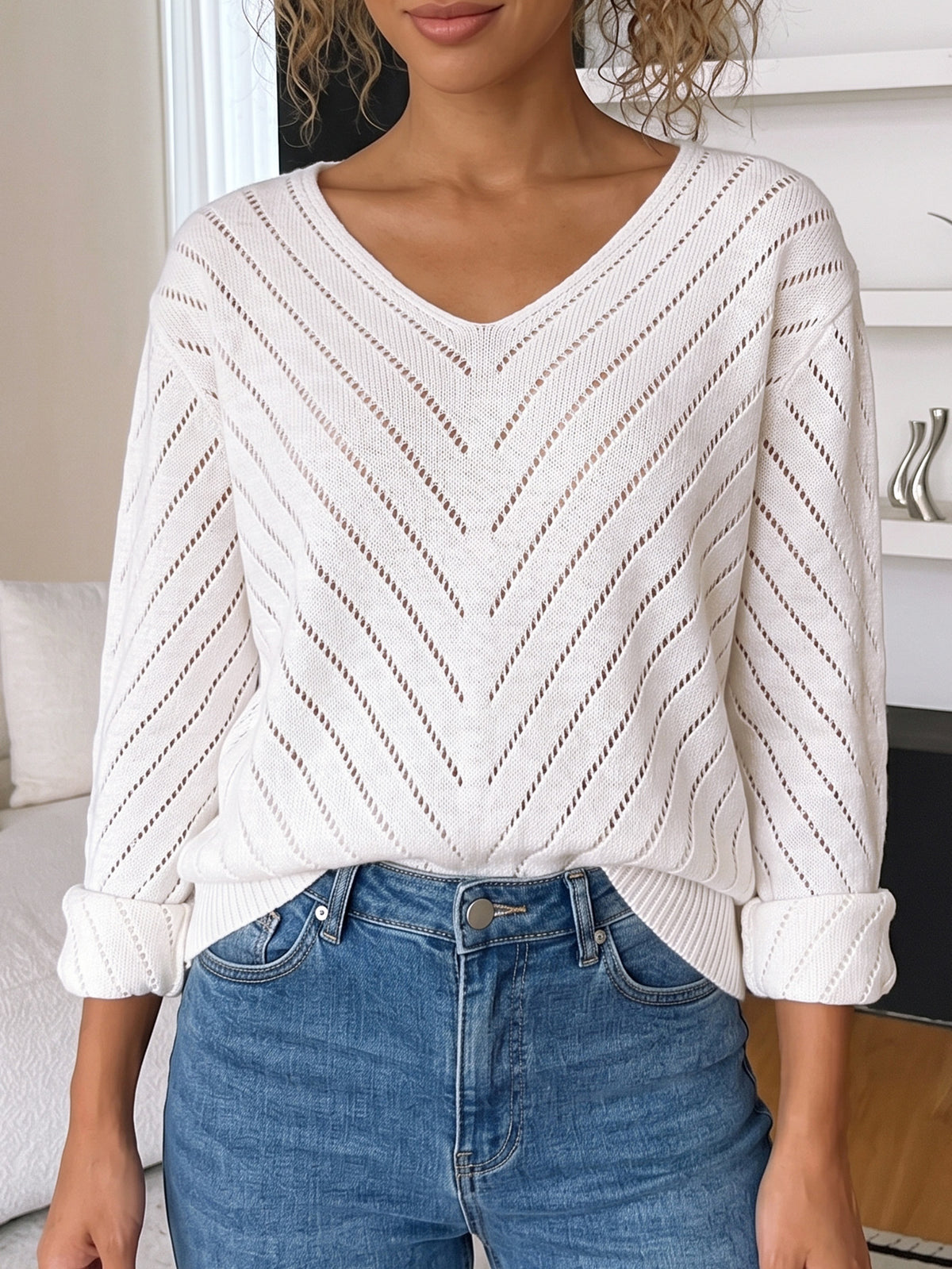 Women's V-Neck Pointelle Knit Sweater Loose Pullover