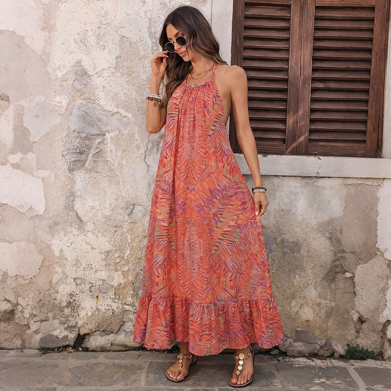 Abstract Gauze Maxi Dress Boho Halter Ruffle