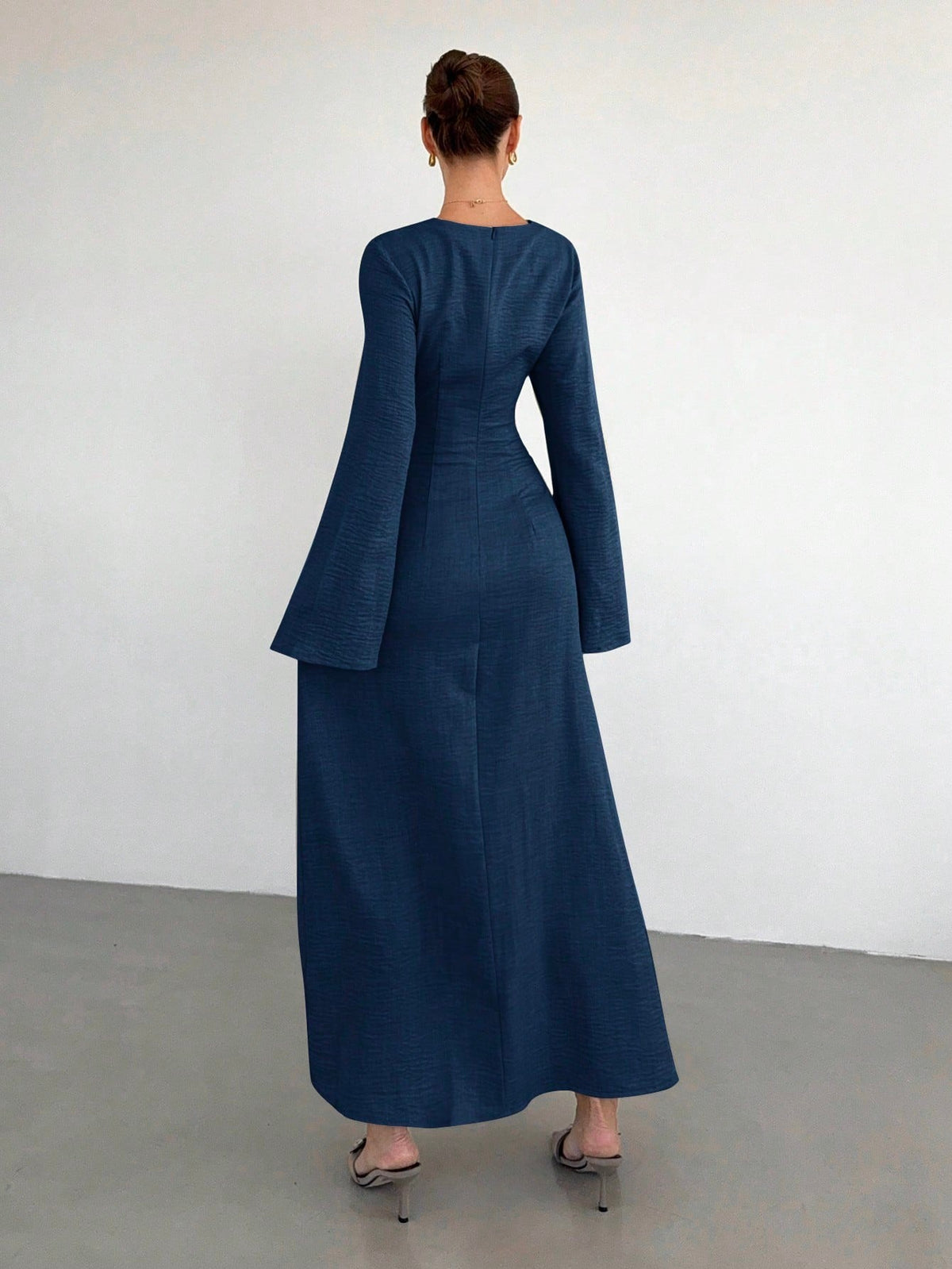 Women's Bell Sleeve Ruched Maxi Dress Gold Button