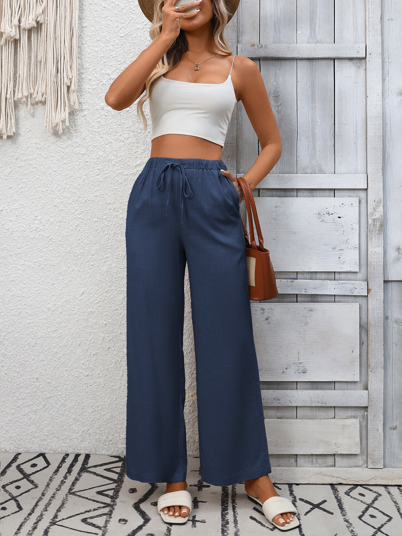 High Waist Cotton Linen Wide Leg Pants with Pockets