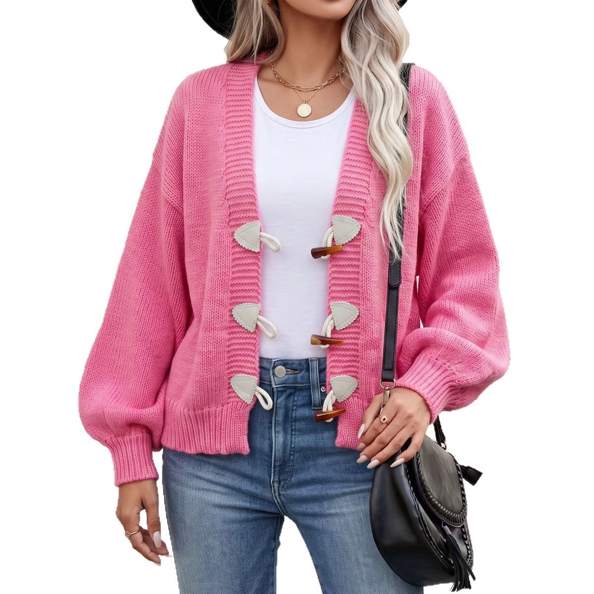 Women's Chunky Knit Cardigan Toggle Button Balloon Sleeve