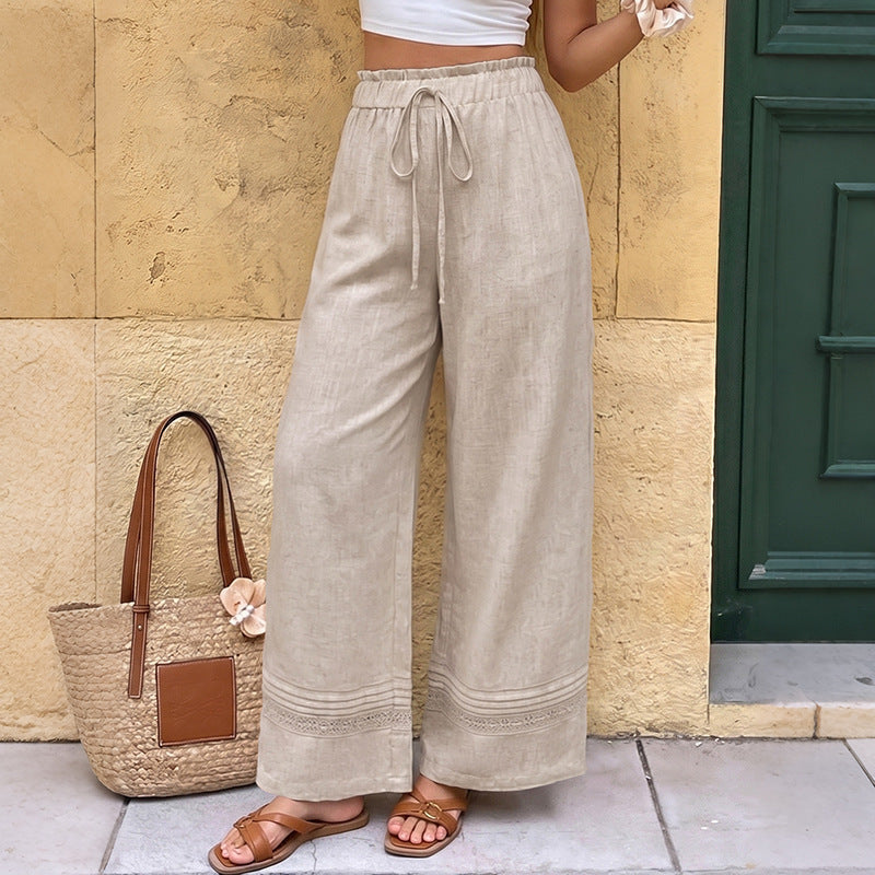 Solid Linen Pants Casual Drawstring Wide Leg Lace Trim