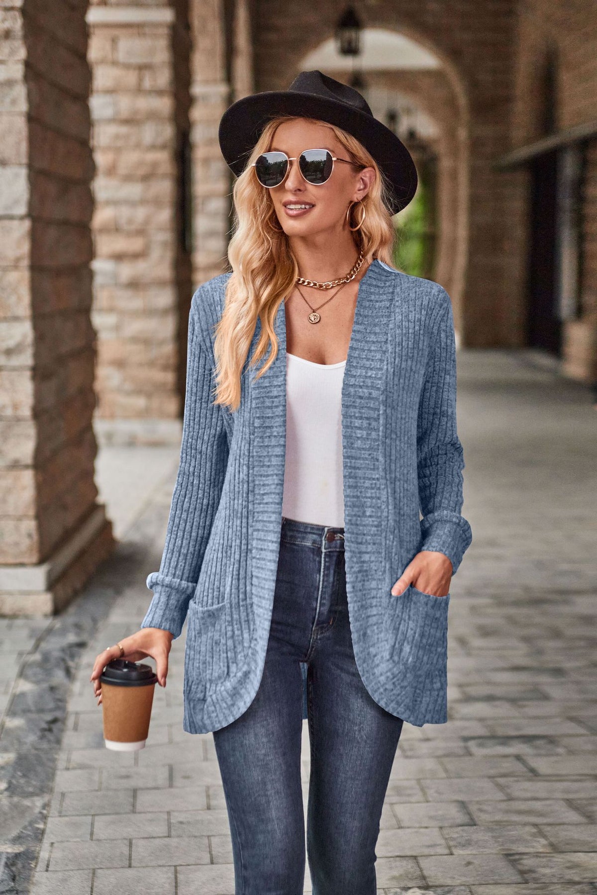 Women's Ribbed Knit Open Front Cardigan Long Sleeve Pockets