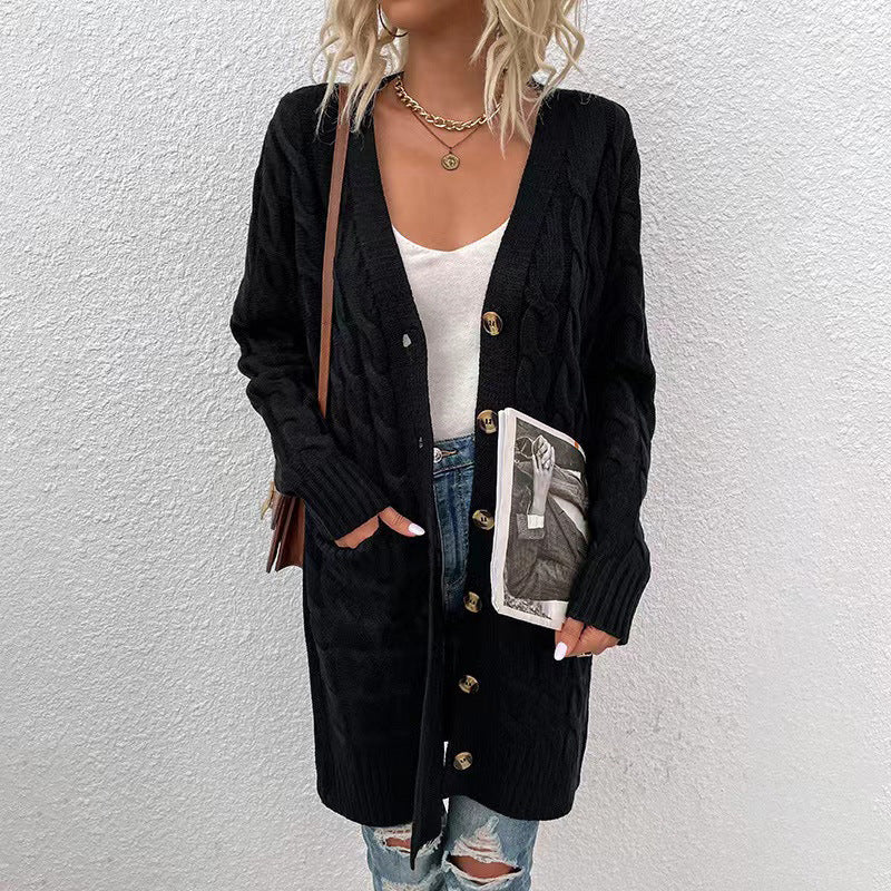 Women's Long Cable Knit Cardigan Button Down Pockets
