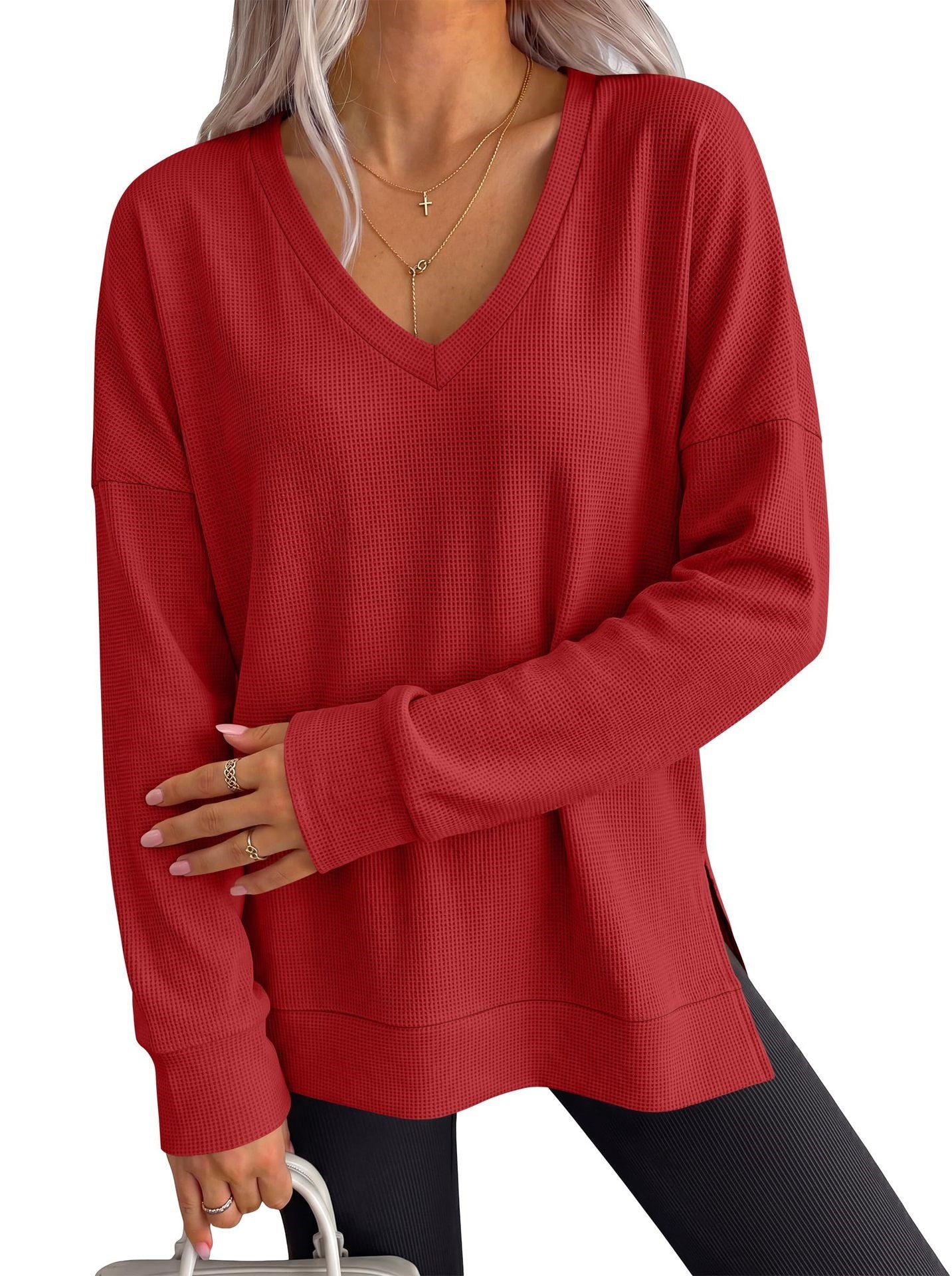 Waffle Knit V Neck Top Relaxed Long Sleeve