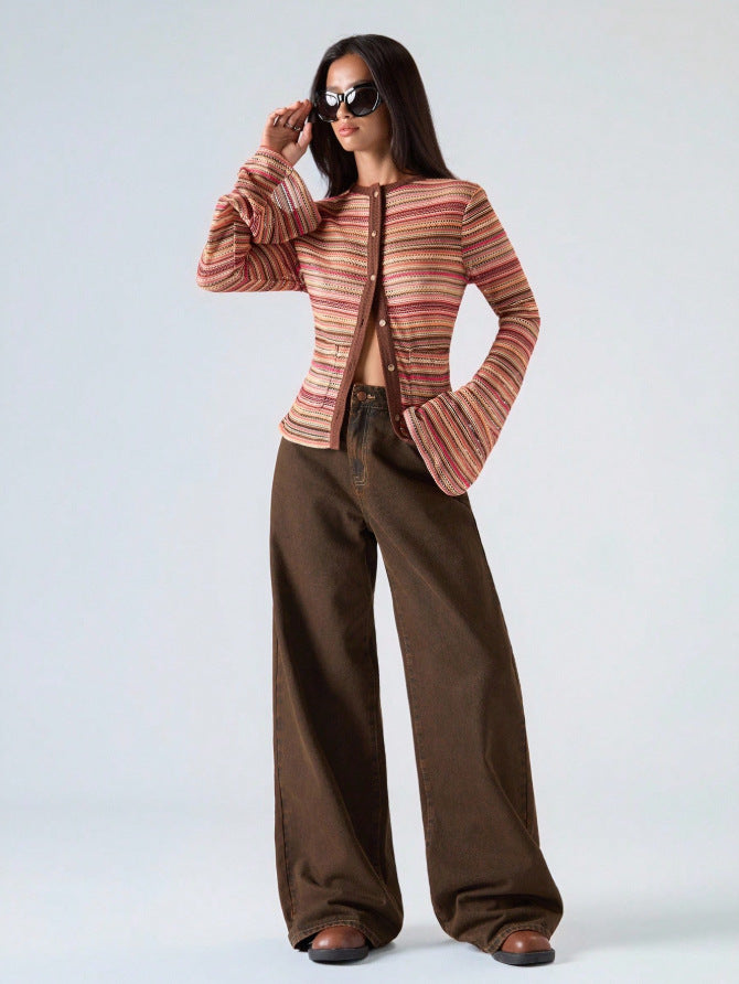Striped Flare Sleeve Fitted Mock Neck Cardigan