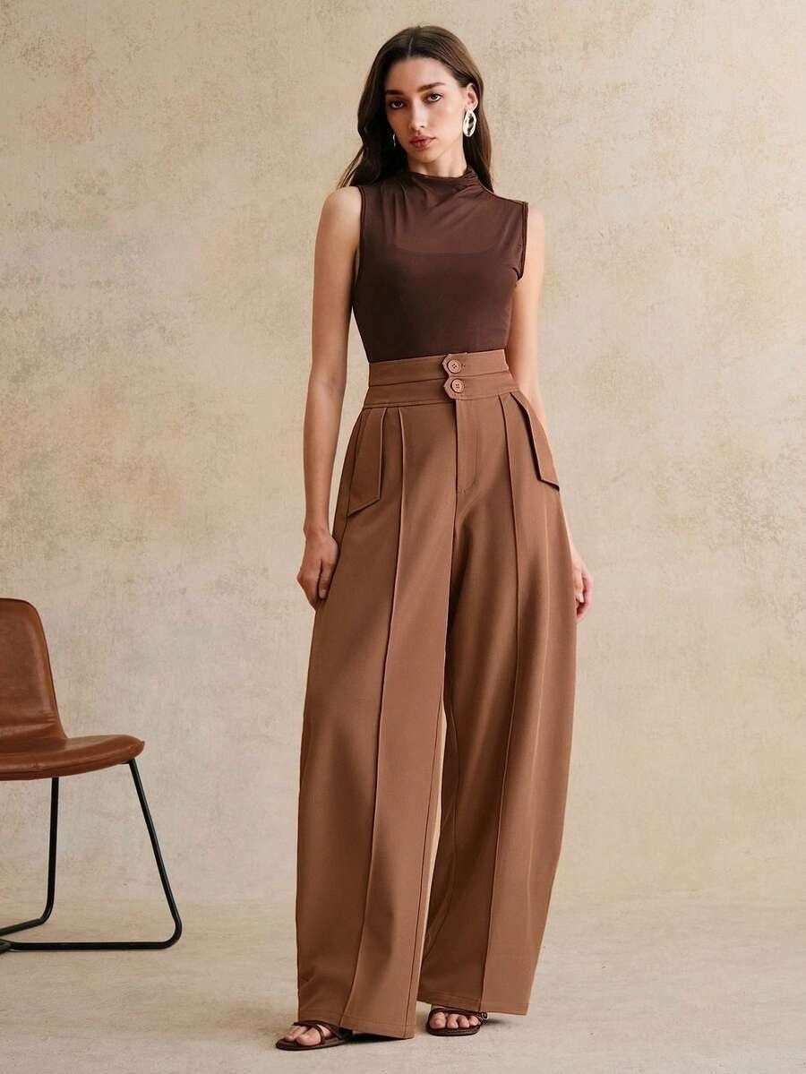 Women's High Waisted Wide Leg Curved Pants Casual Trousers