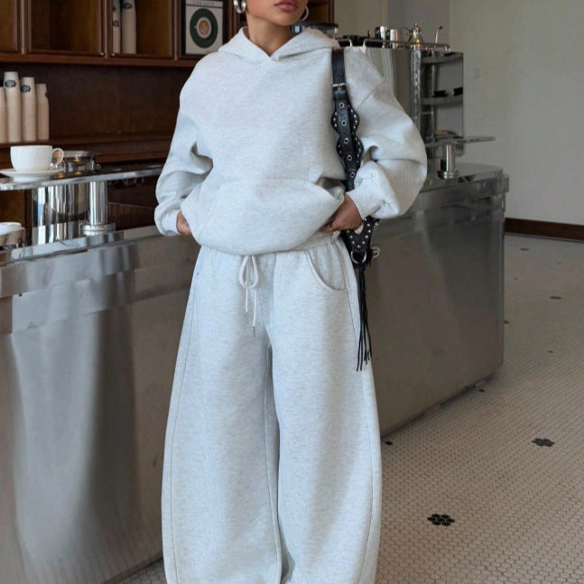 Grey Hooded Sweatshirt Wide Leg Pants Set