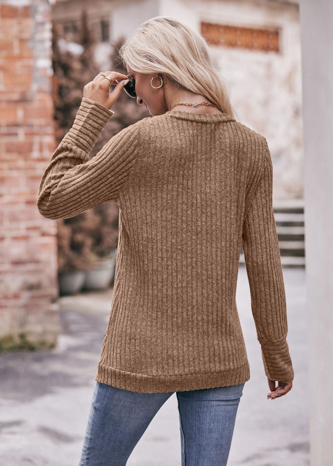 Ribbed V Neck Long Sleeve Knit Top for Women