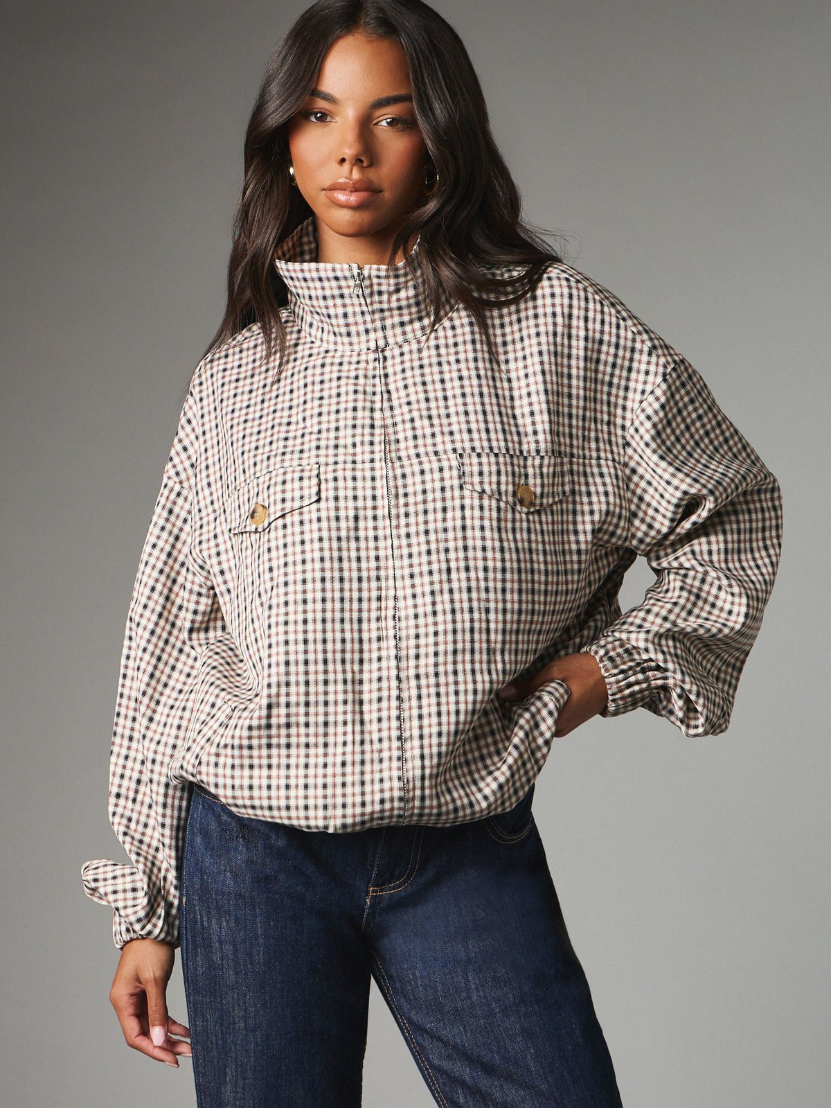 Women's Oversized Vintage Plaid Zip Up Jacket