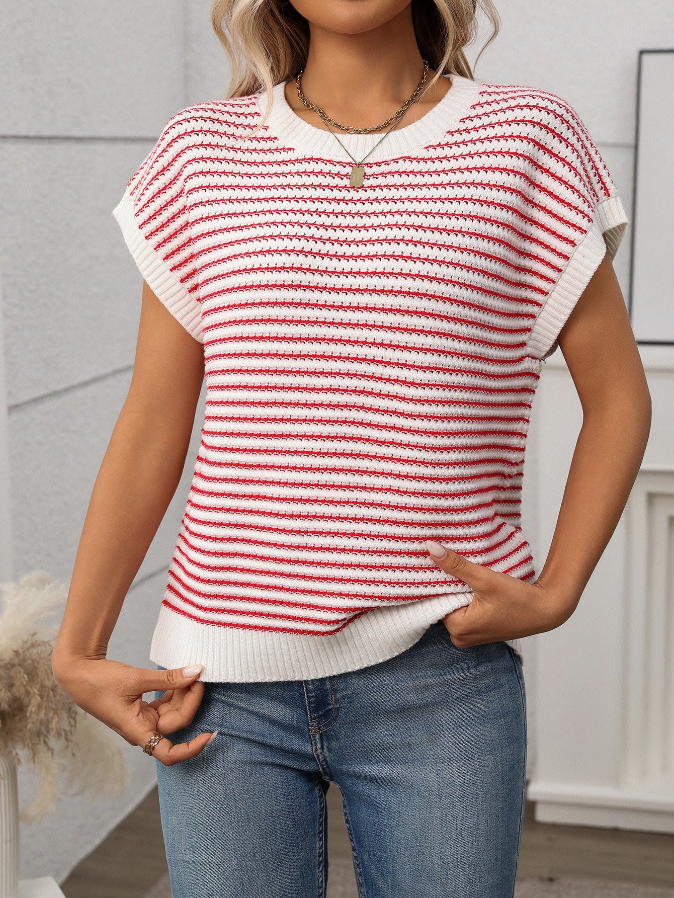 Red Stripe Lightweight Knit Short Sleeve Sweater Top