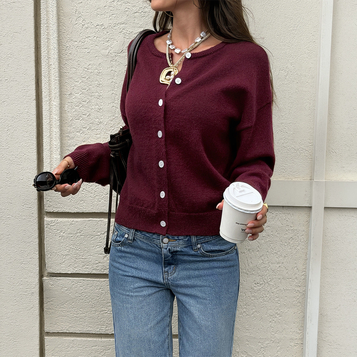 Women's Burgundy Cropped Knit Cardigan Button Up