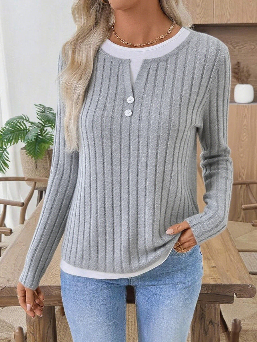 Solid Brushed Knit Top Casual Ribbed Henley Tee