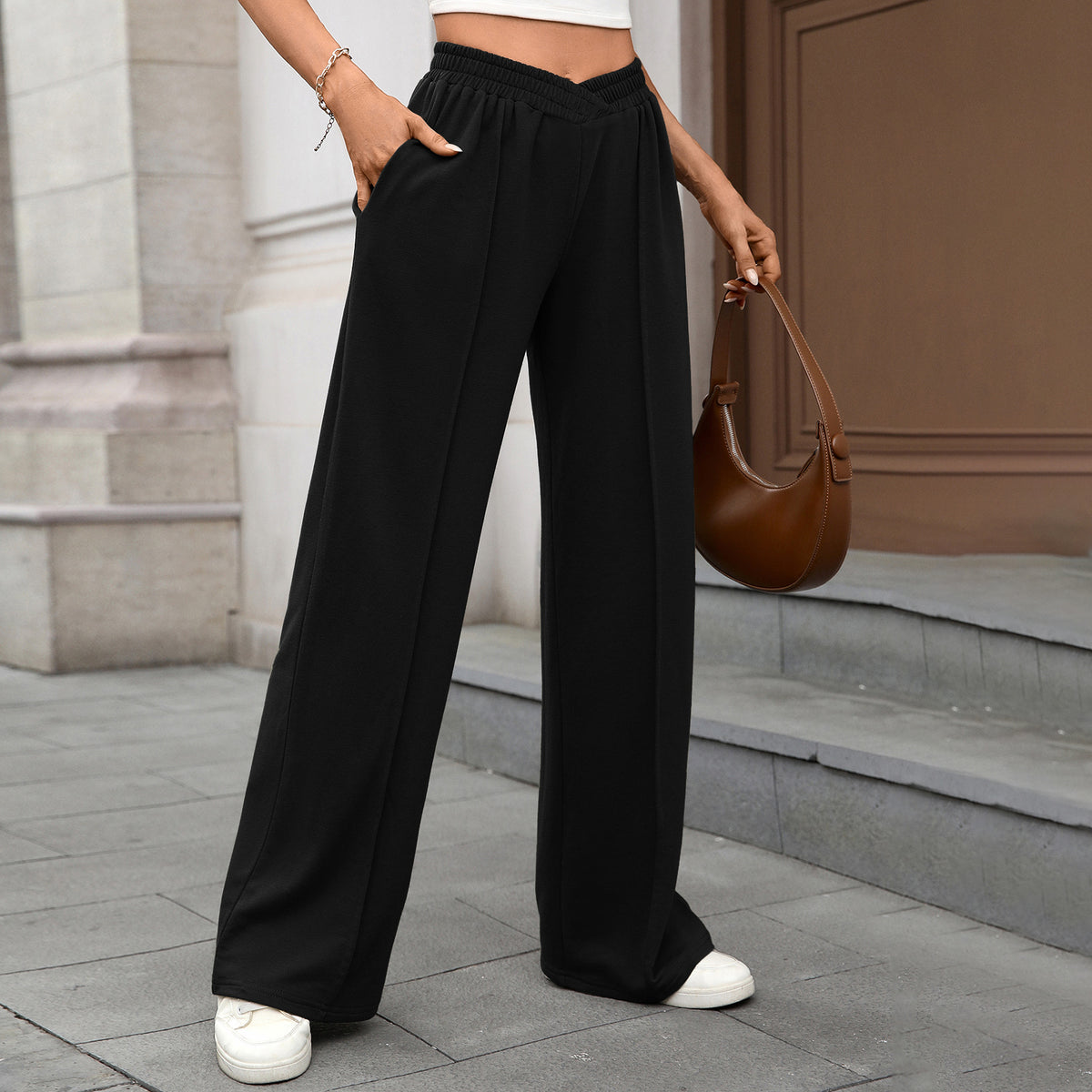 Women's Casual Wide Leg Pants Elastic Waist with Pockets