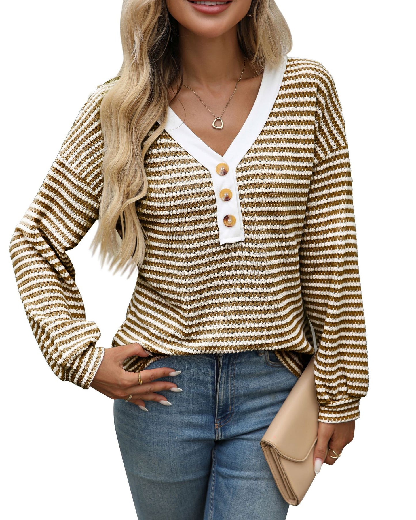 Striped Cotton Blend Top Casual Henley V Neck Tunic