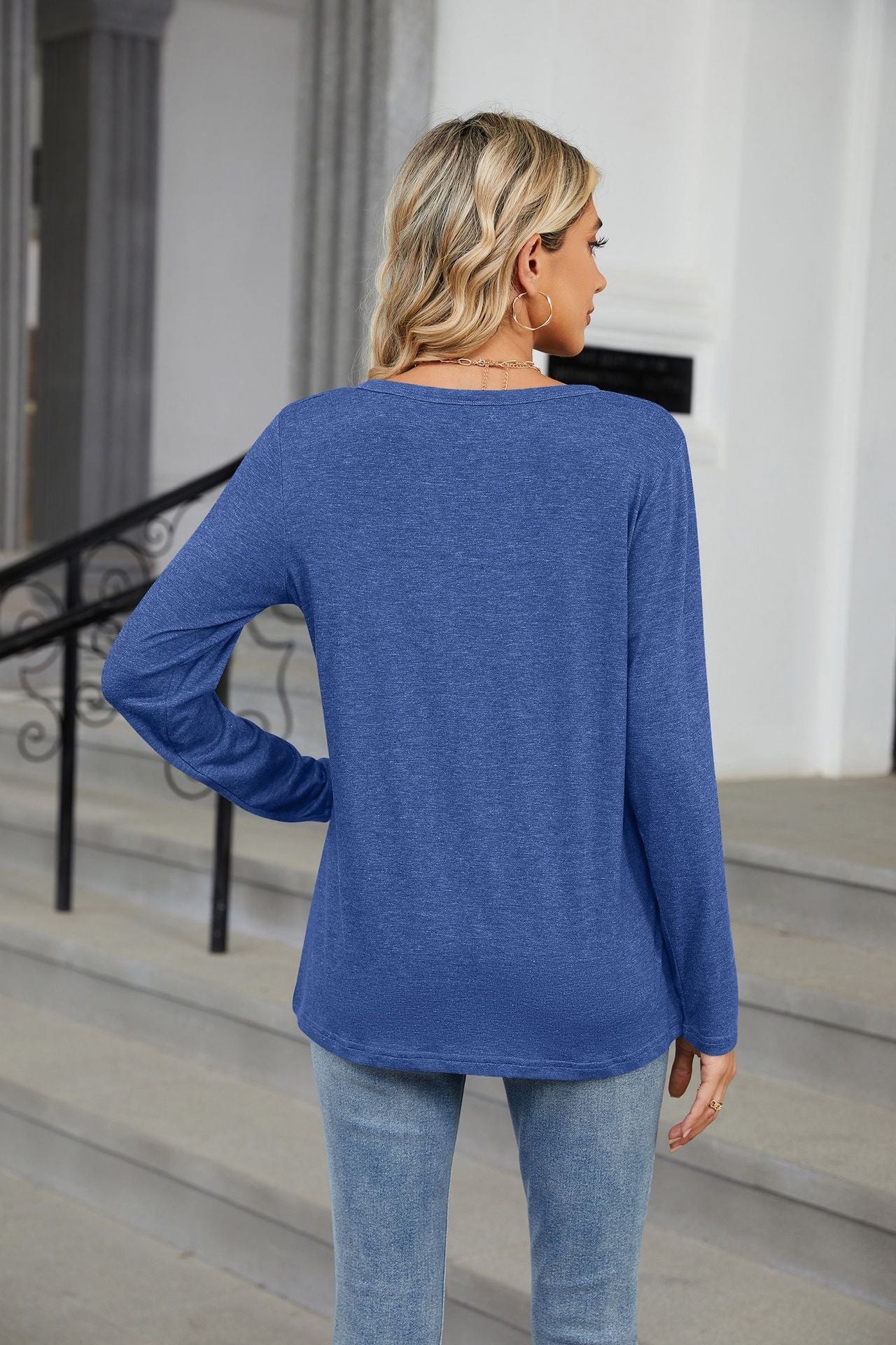 V-neck Long-sleeved Loose T-shirt Solid Color Top