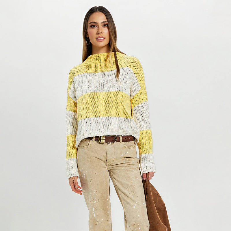 Color Block Striped Chunky Knit Mock Neck Sweater