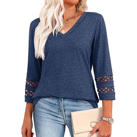 Women’s V Neck 3/4 Sleeve Lace Trim Casual Top