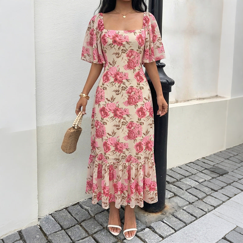 Floral Chiffon Midi Dress Romantic Flutter Sleeve