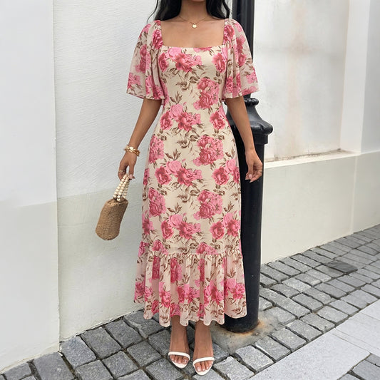 Floral Chiffon Midi Dress Romantic Flutter Sleeve