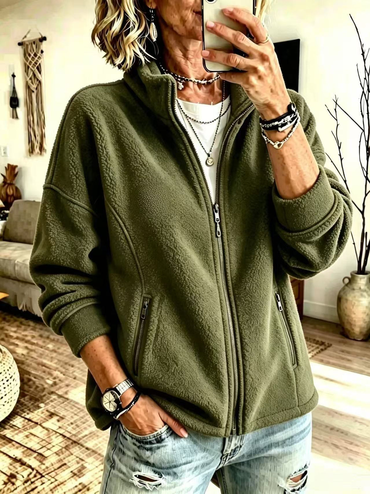 Women's Oversized Sherpa Fleece Zip Up Jacket