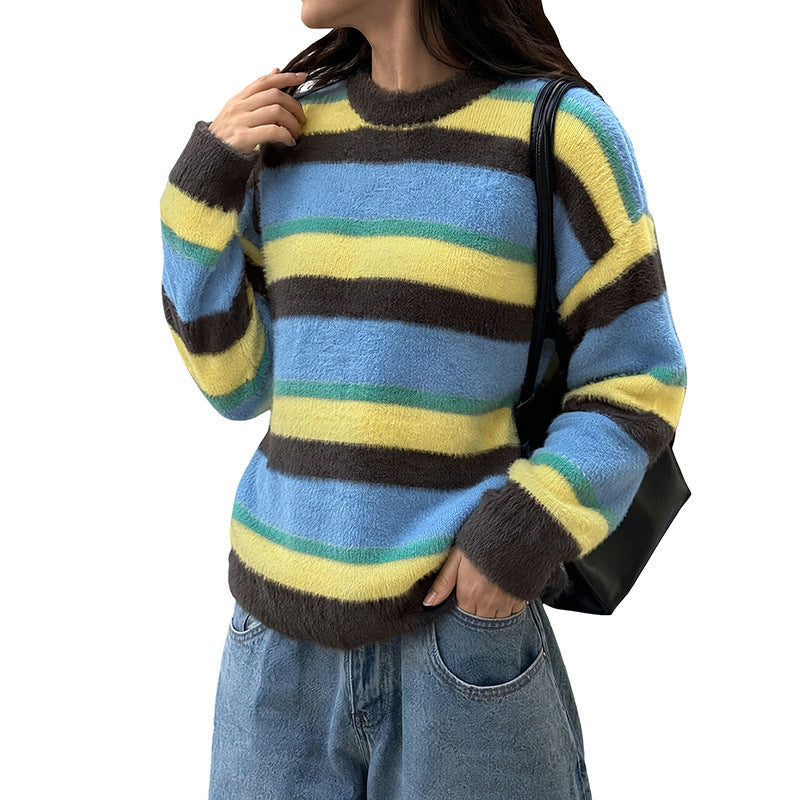 Oversized Color Block Striped Fuzzy Crew Neck Sweater