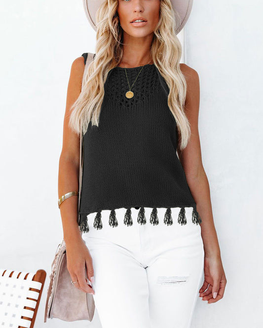 Sleeveless Hollow Knit Tassel Hem Tank Top for Summer
