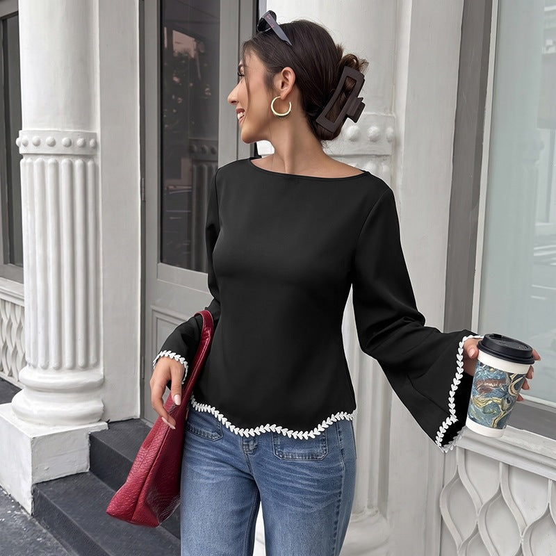 Boat Neck Contrast Trim Flare Sleeve Top
