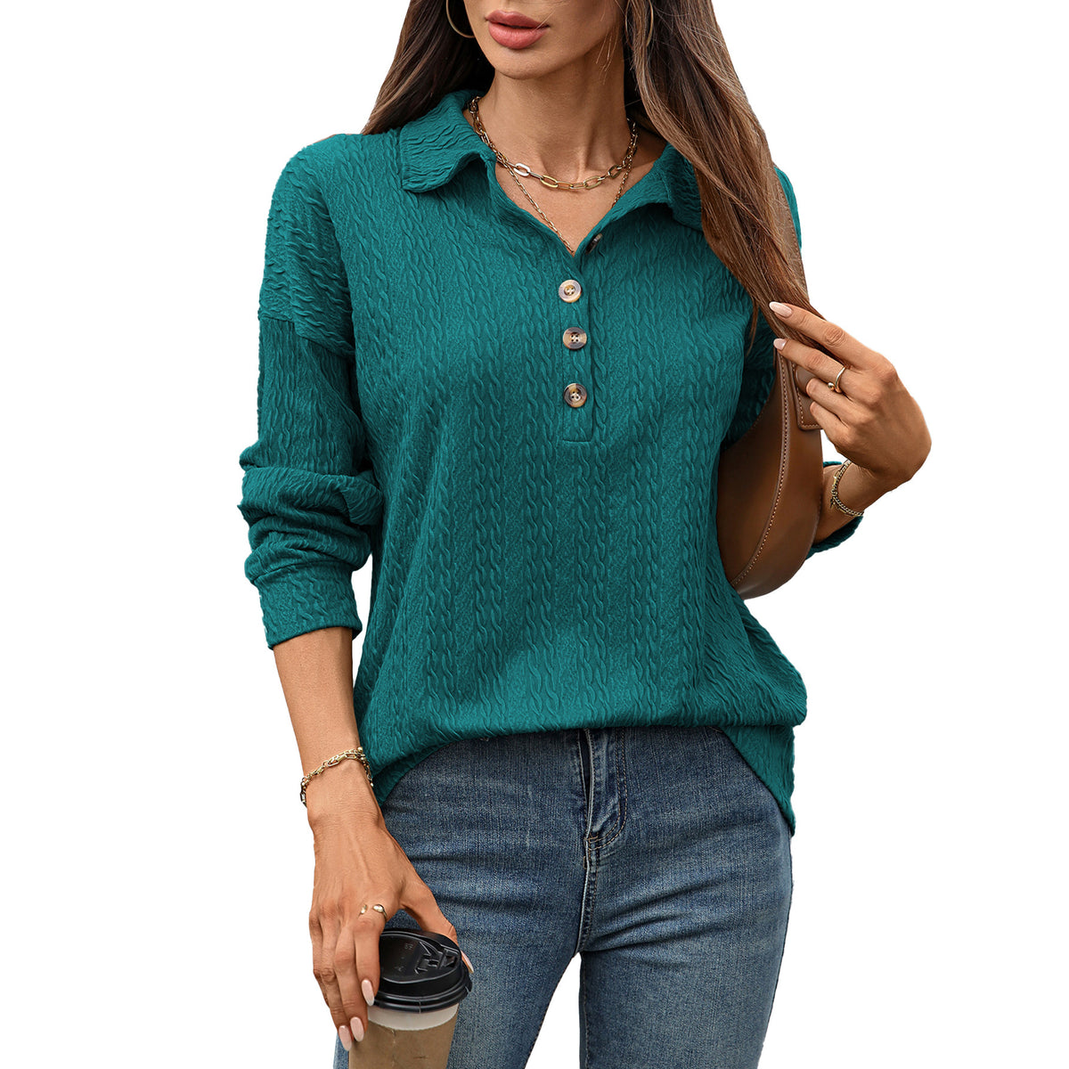 Women's Collared Long Sleeve Button Pullover Sweatshirt