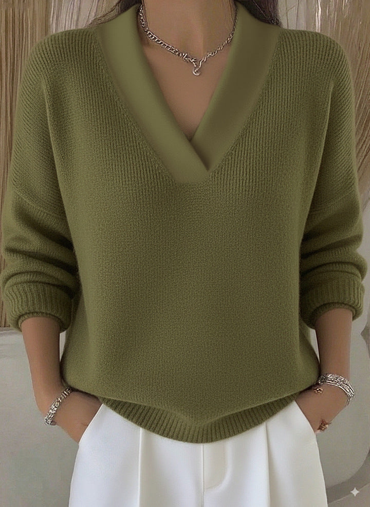Women’s V Neck Knit Sweater Long Sleeve Loose Pullover Top