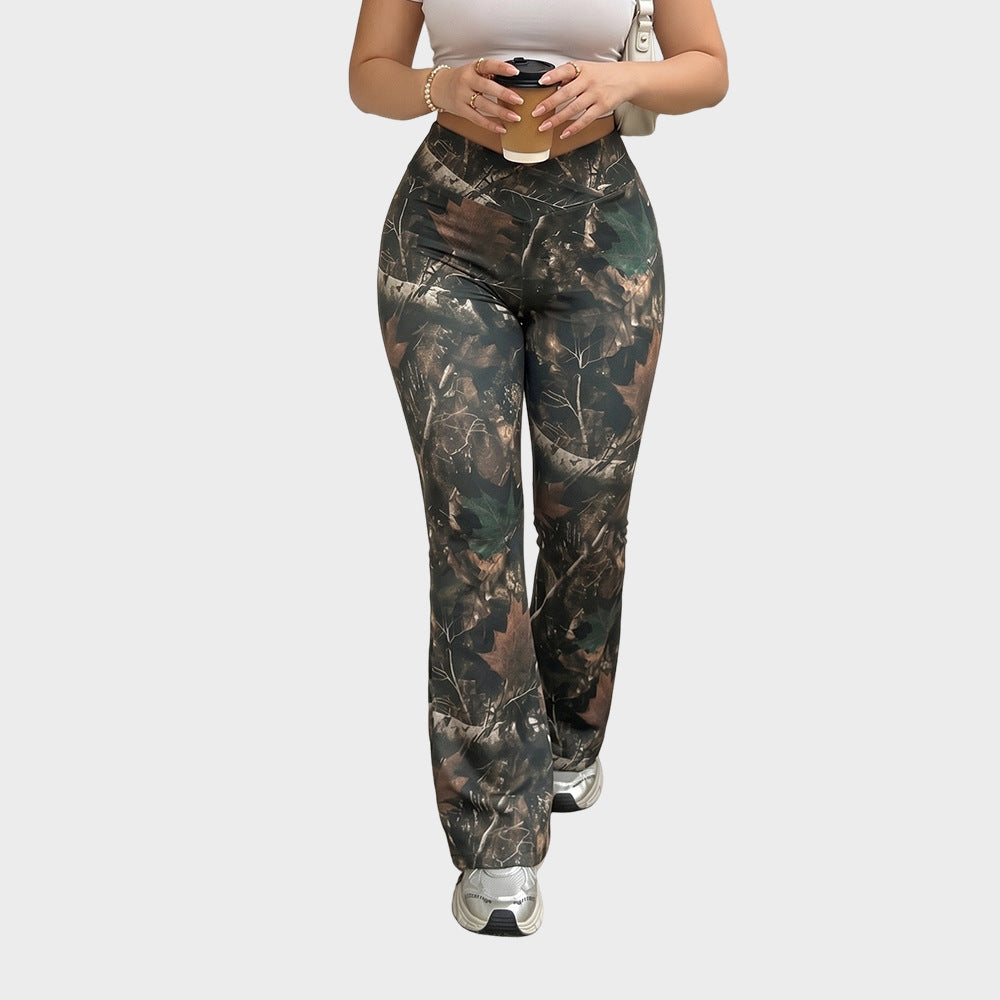 Camouflage Textured Leggings High Waist Wide Leg Casual Style