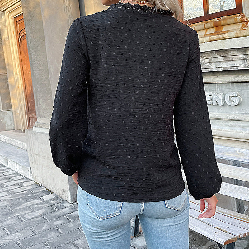 Fall V Neck Long Sleeve Solid Blouse with Lace Trim