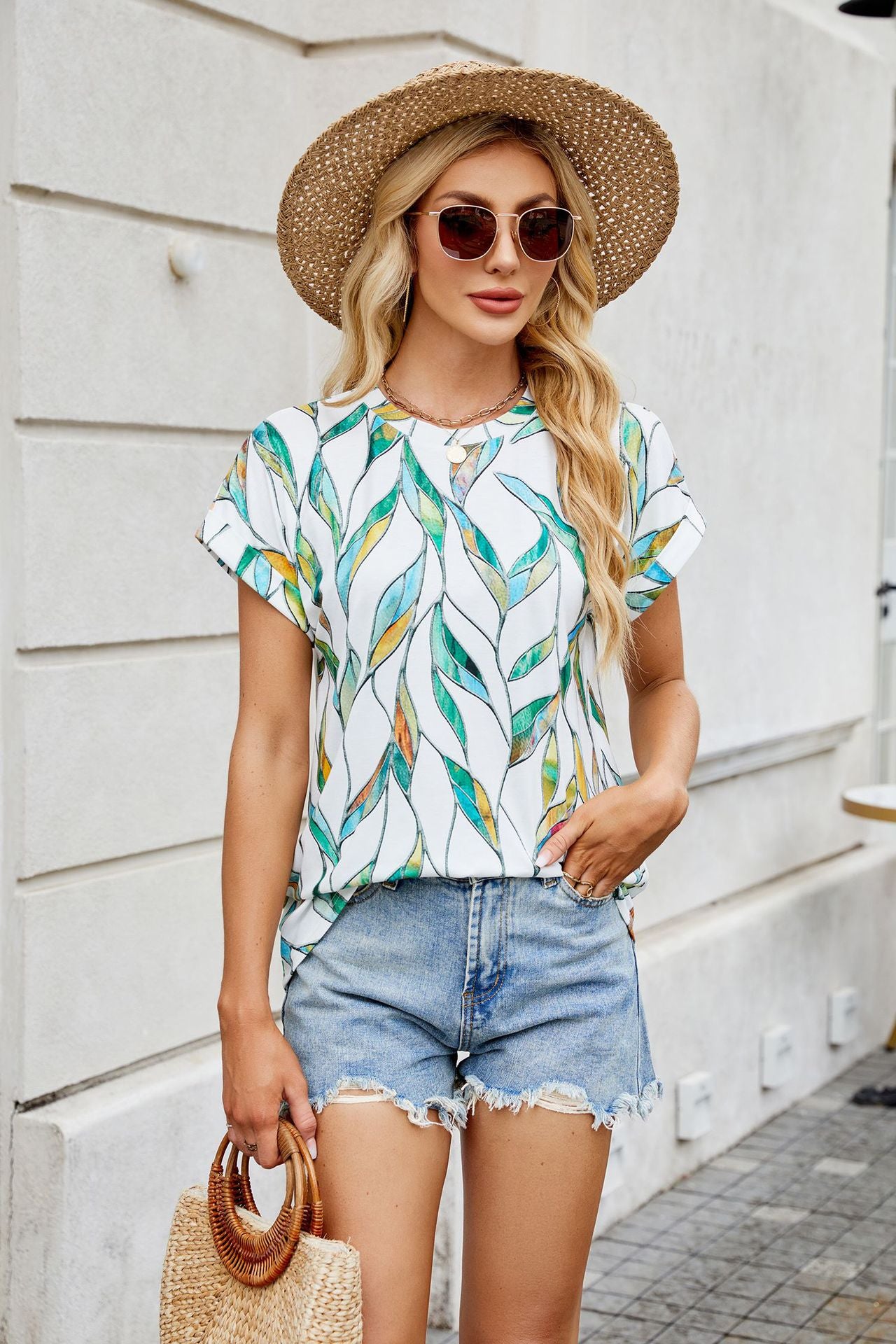 Women Print Loose Fit Crew Neck Short Sleeve T-Shirt