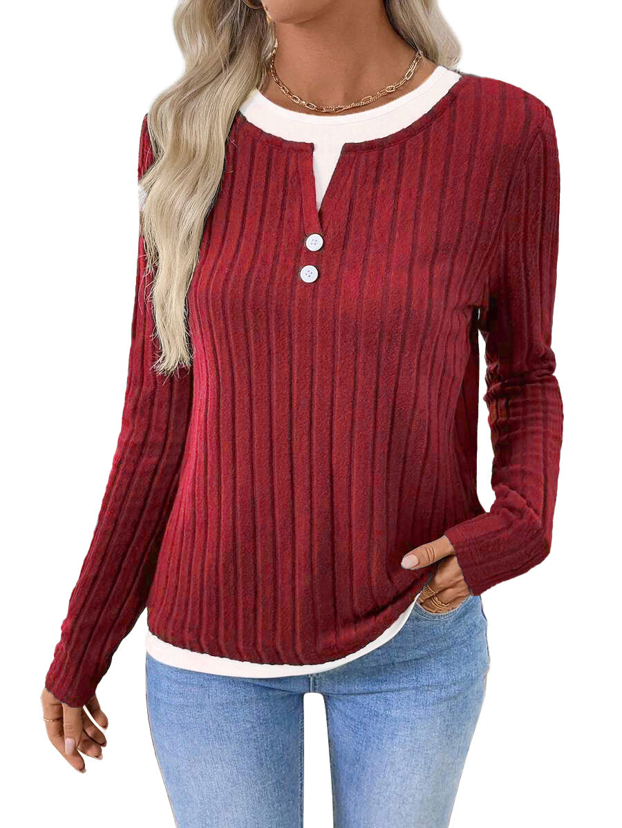Solid Brushed Knit Top Casual Ribbed Henley Tee