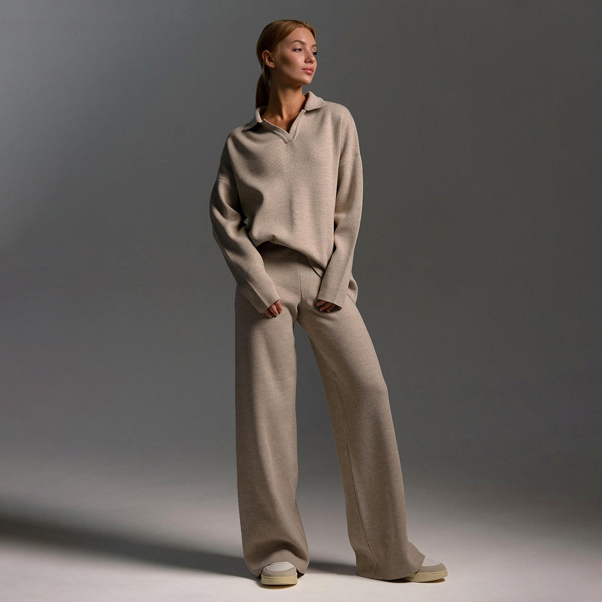 Polo Collar Knit Sweater Wide Leg Pants Set