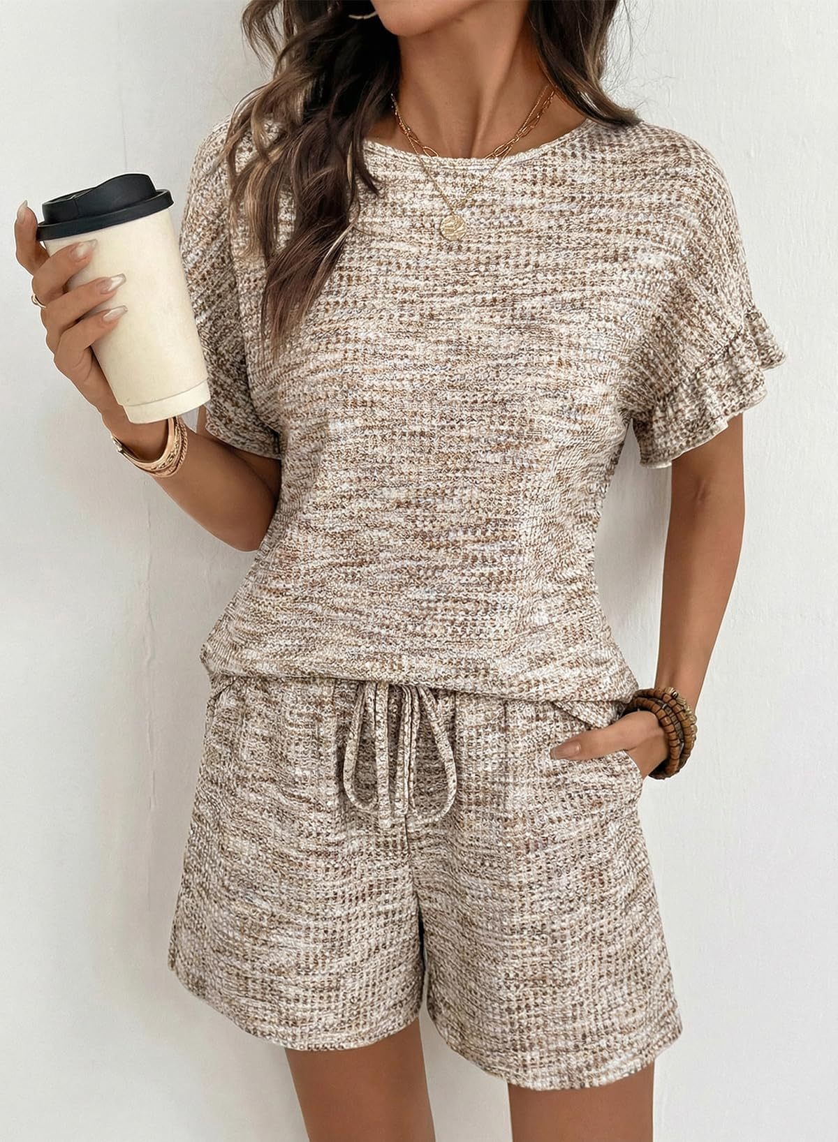 Textured Knit Lounge Set Ruffle Sleeve Drawstring Shorts