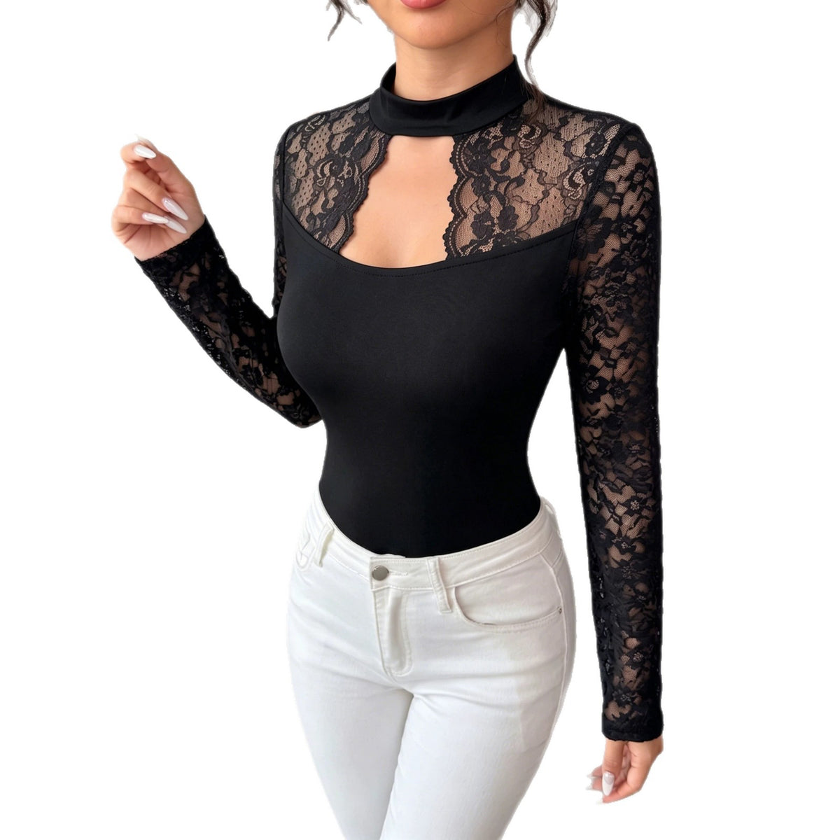 Sexy Mock Neck Lace Cutout Top Sheer Long Sleeve