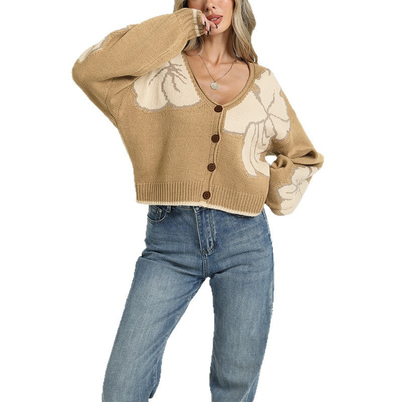 Women's Colorblock Floral Button V-Neck Cardigan Sweater