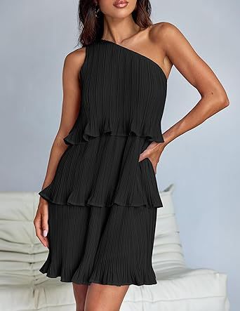 One Shoulder Tiered Pleated Ruffle Mini Dress for Summer