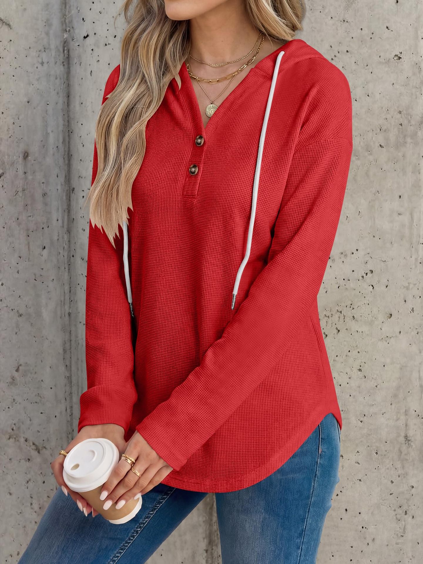 Solid Waffle Hoodie Pullover Casual Button Long Sleeve