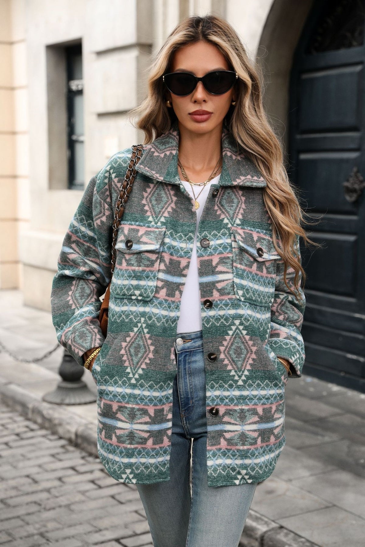 Women's Aztec Oversized Shacket Button Front Jacket