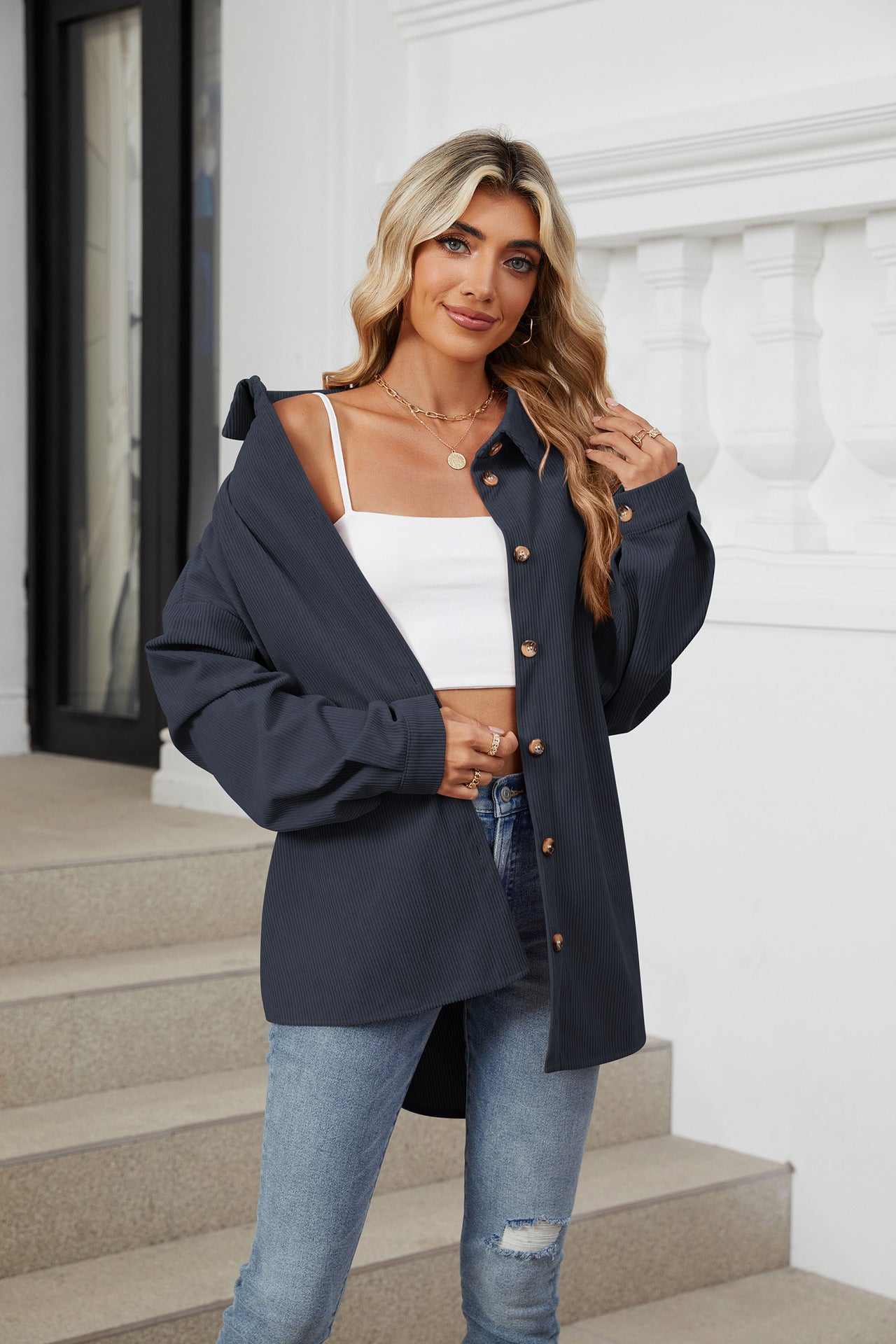 Solid Color Lapel Button-down Long-sleeved Loose Shirt