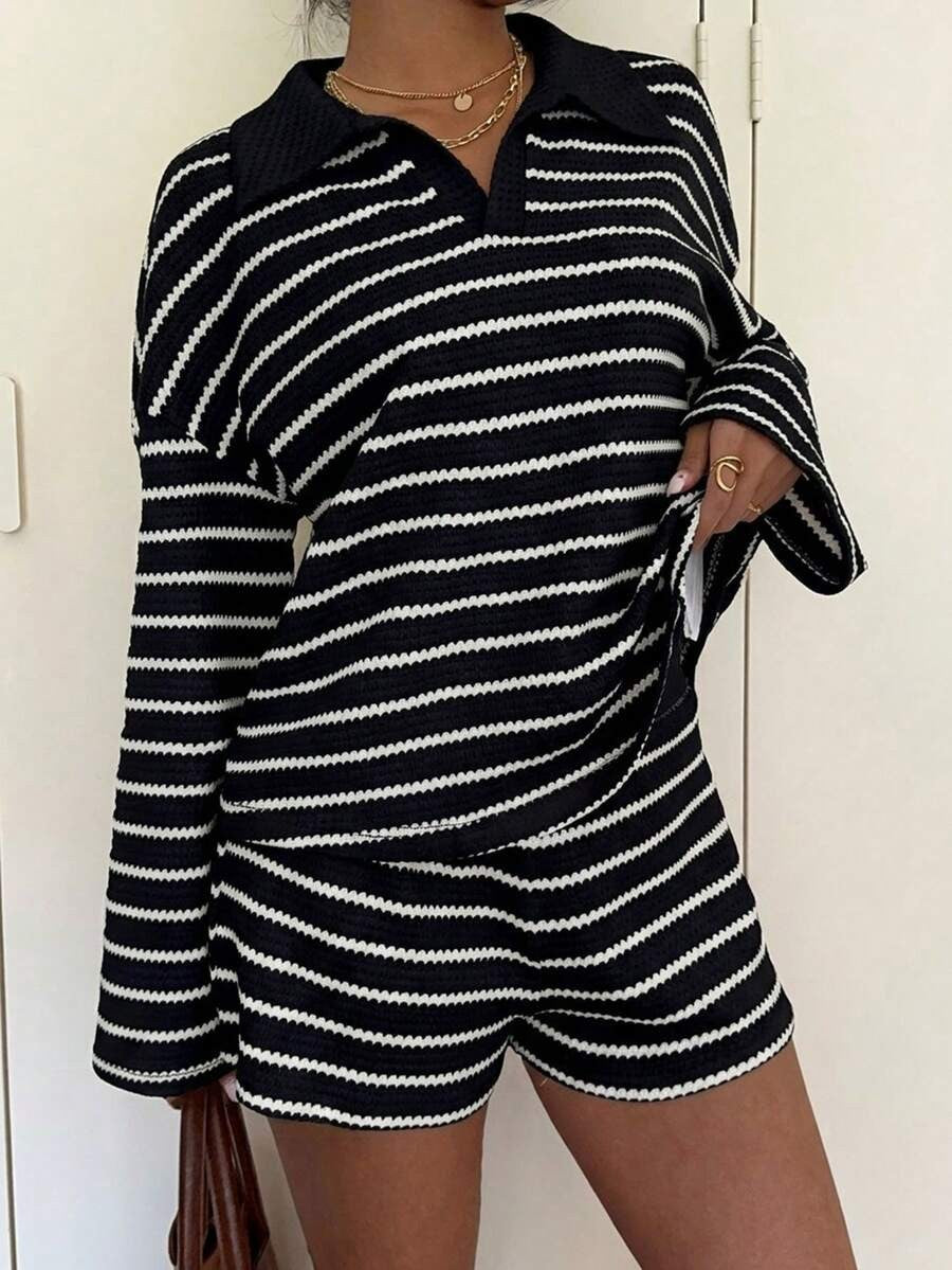 Striped Polo Lounge Set Resort Textured Collared Oversized